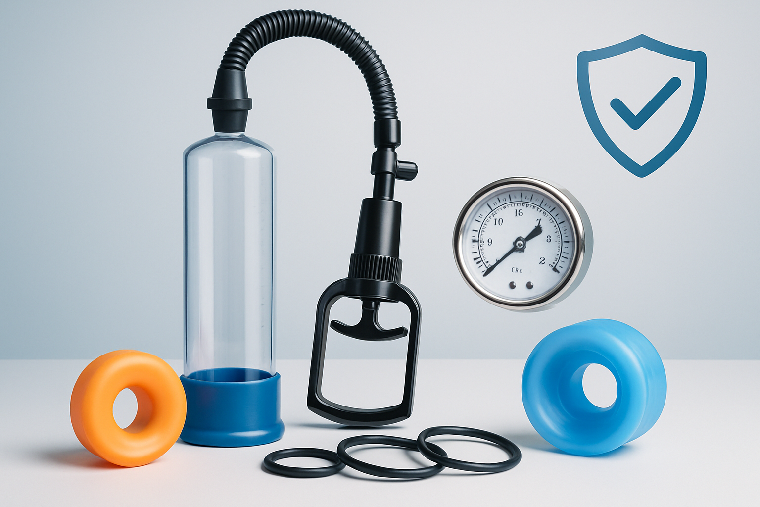 Verschiedene Penispumpen-Zubehörteile und Ersatzteile auf neutralem Hintergrund